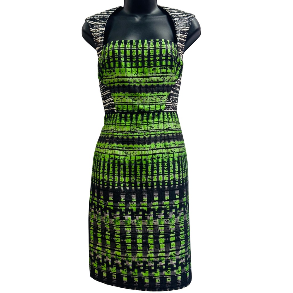 Nicole Miller Green Black Abstract Print Cutout Back Sheath Dress BQ10011 Size 6
